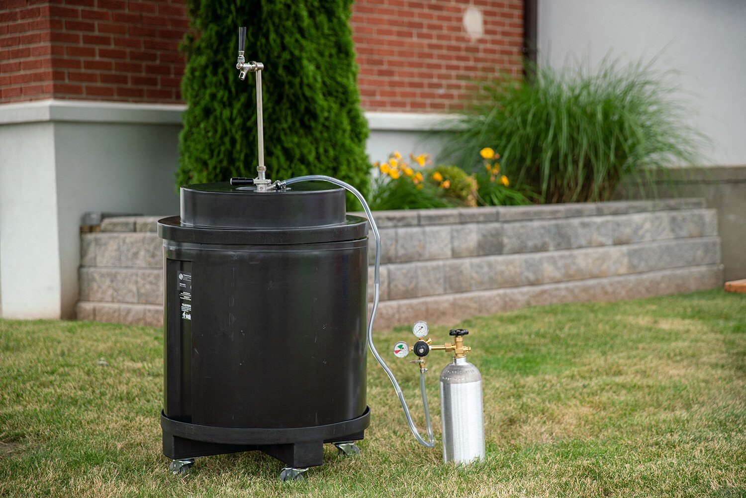 a keg tapped with a rod and faucet