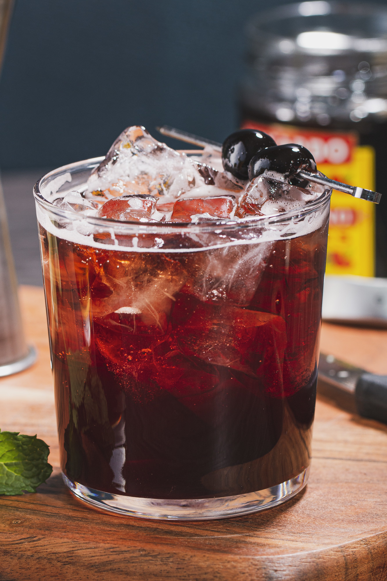 distiller cola whiskey and luxardo cherry syrup