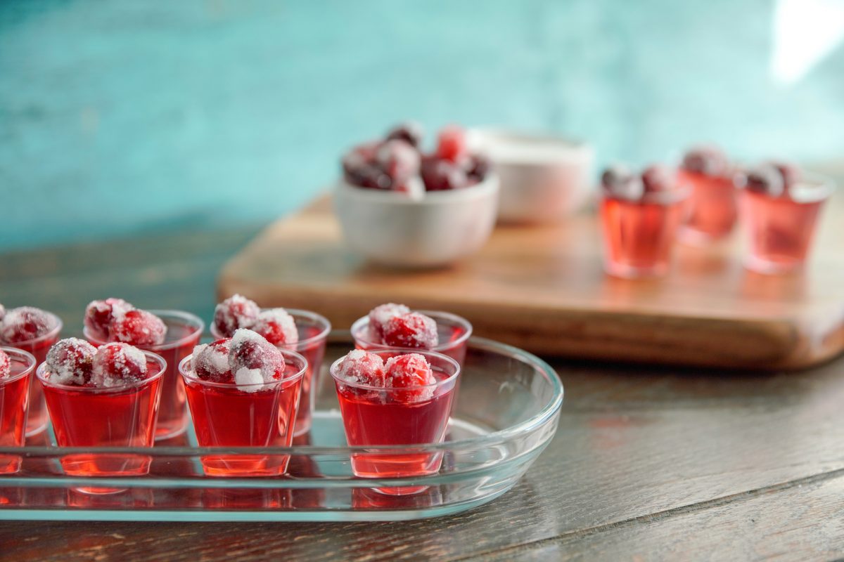 Cranberry Jello Shots with sugared cranberries